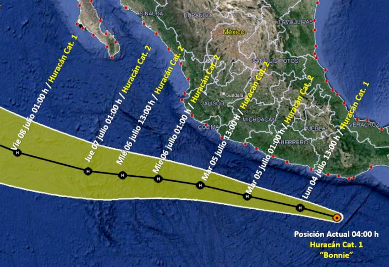Se intensifica Bonnie a huracán categoría 1, en costas oaxaqueñas