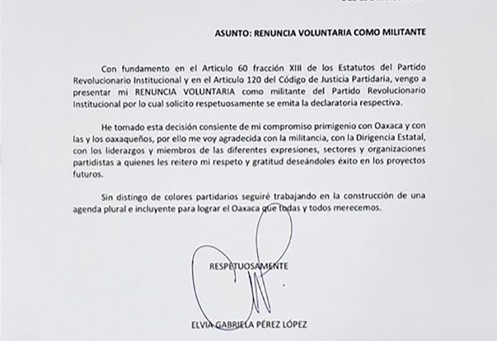 ▶ Pierde PRI curul en el Congreso de Oaxaca; renuncia diputada Gabriela Pérez al tricolor