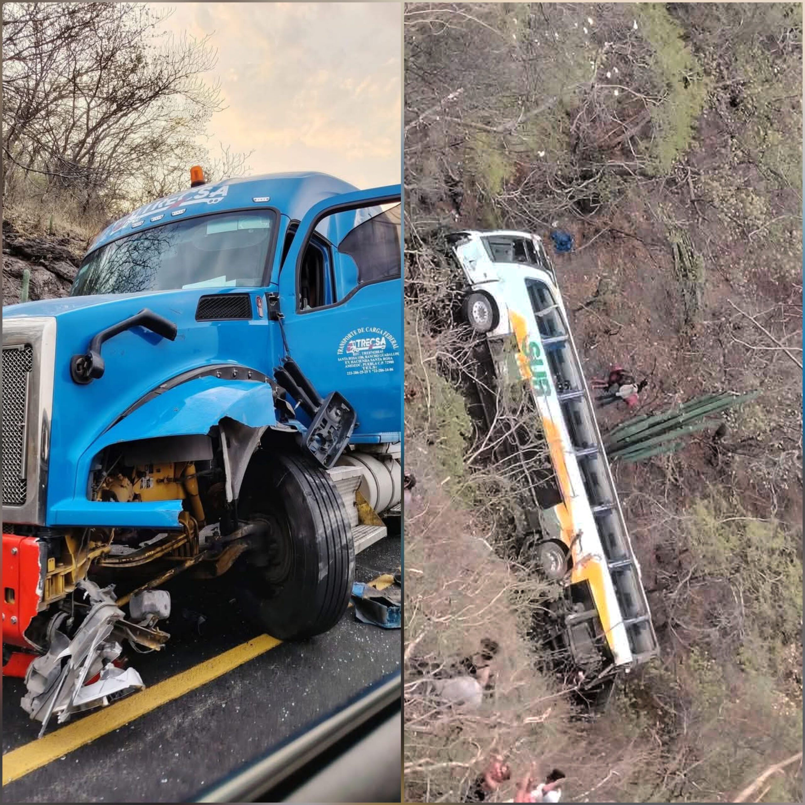 Autobús de la línea SUR cae a barranco tras chocar con tráiler; se dirigía a Huajuapan, Oaxaca 