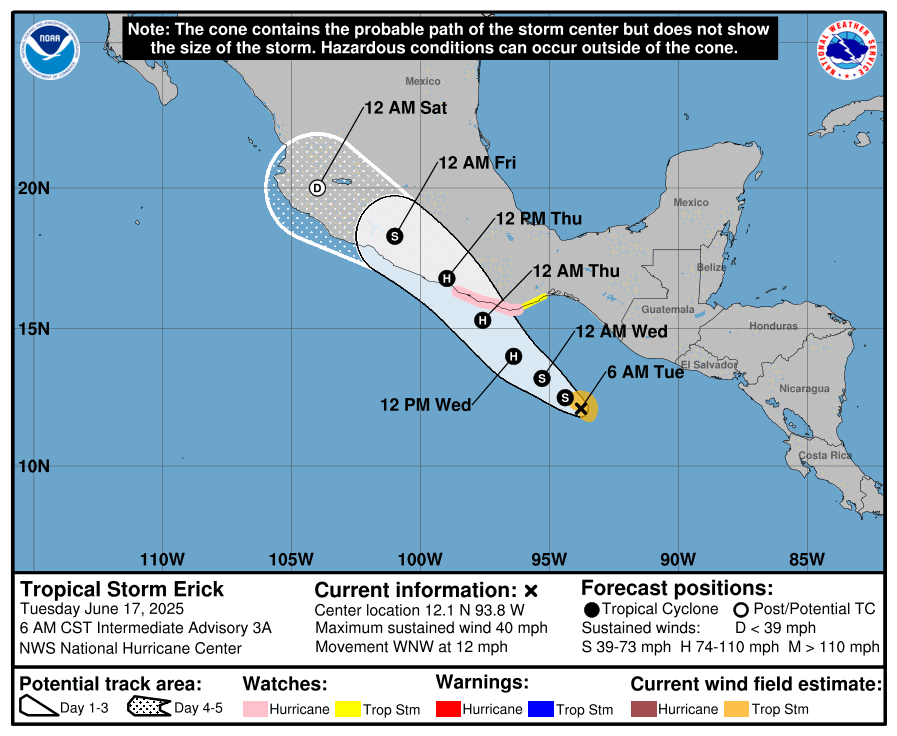 Tormenta tropical o huracán “Erick”’ impactará Oaxaca el jueves; entrará por Lagunas de Chacahua, alerta el SMN