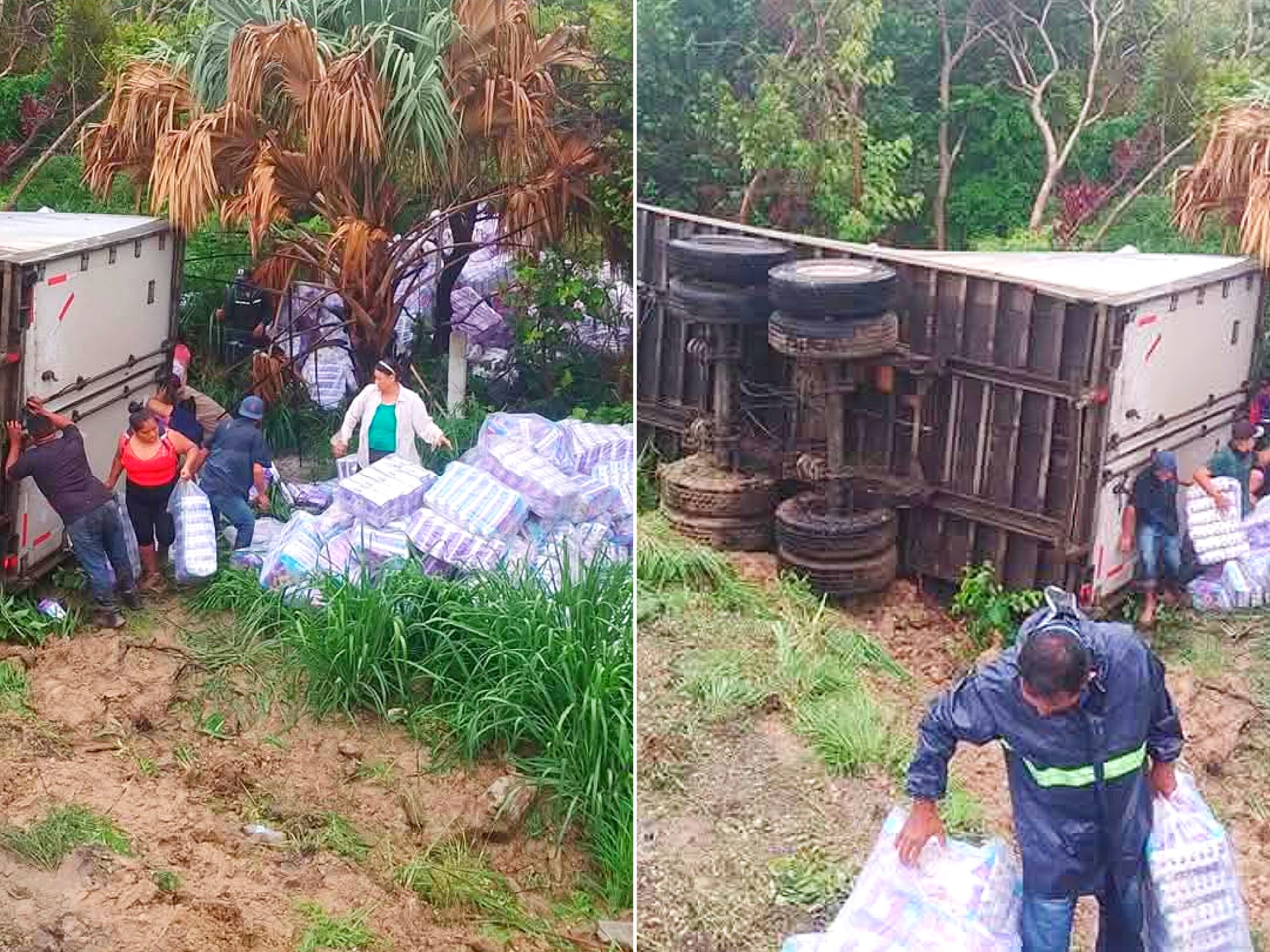 Se vuelca tráiler cargado de pañales en la Transístmica; se registra rapiña en la zona
