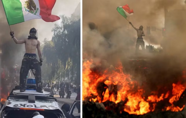 Manifestante con bandera mexicana se vuelve viral; divide opiniones en México por protesta contra ICE Manifestante con bandera mexicana se vuelve viral; divide opiniones en México por protesta contra ICE