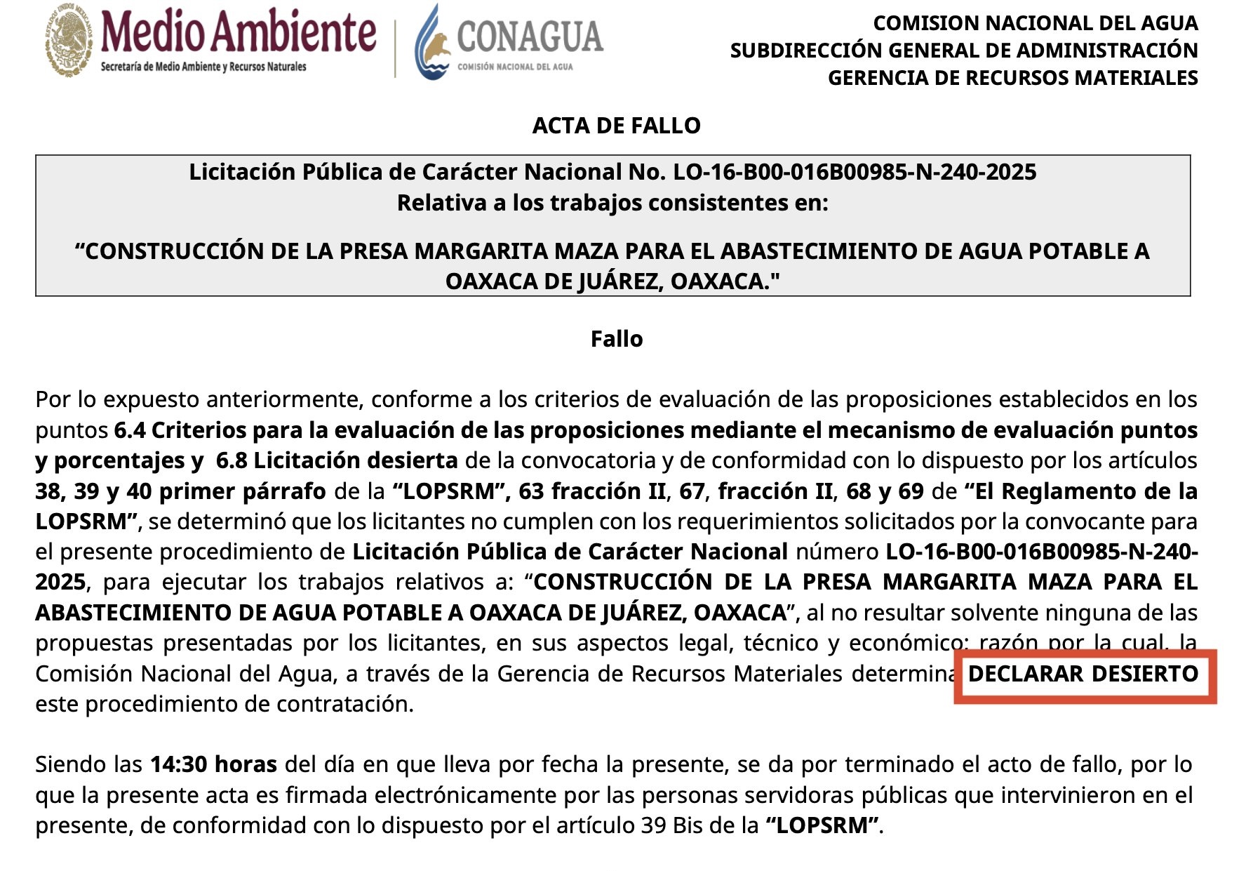 Conagua declara desierta licitación de presa Margarita Maza y prepara nuevo proceso ante fallas técnicas