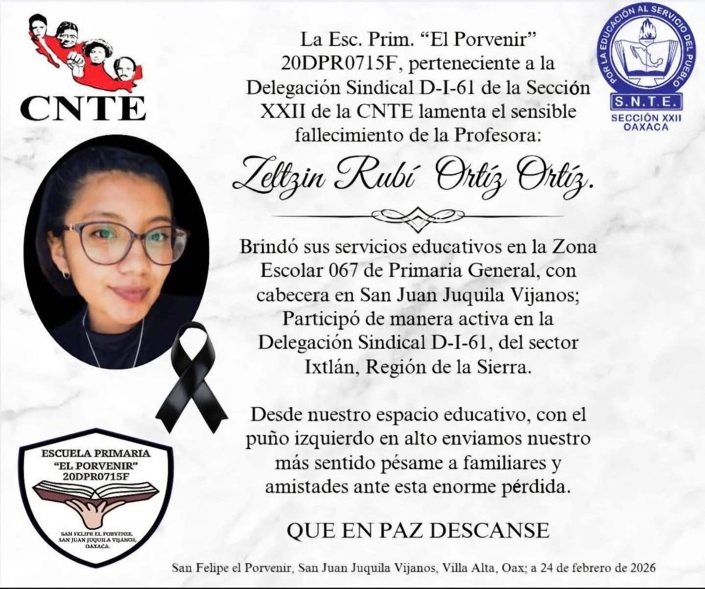 Indignación y consternación en la Sierra Norte de Oaxaca por feminicidio de joven maestra en Lachichina