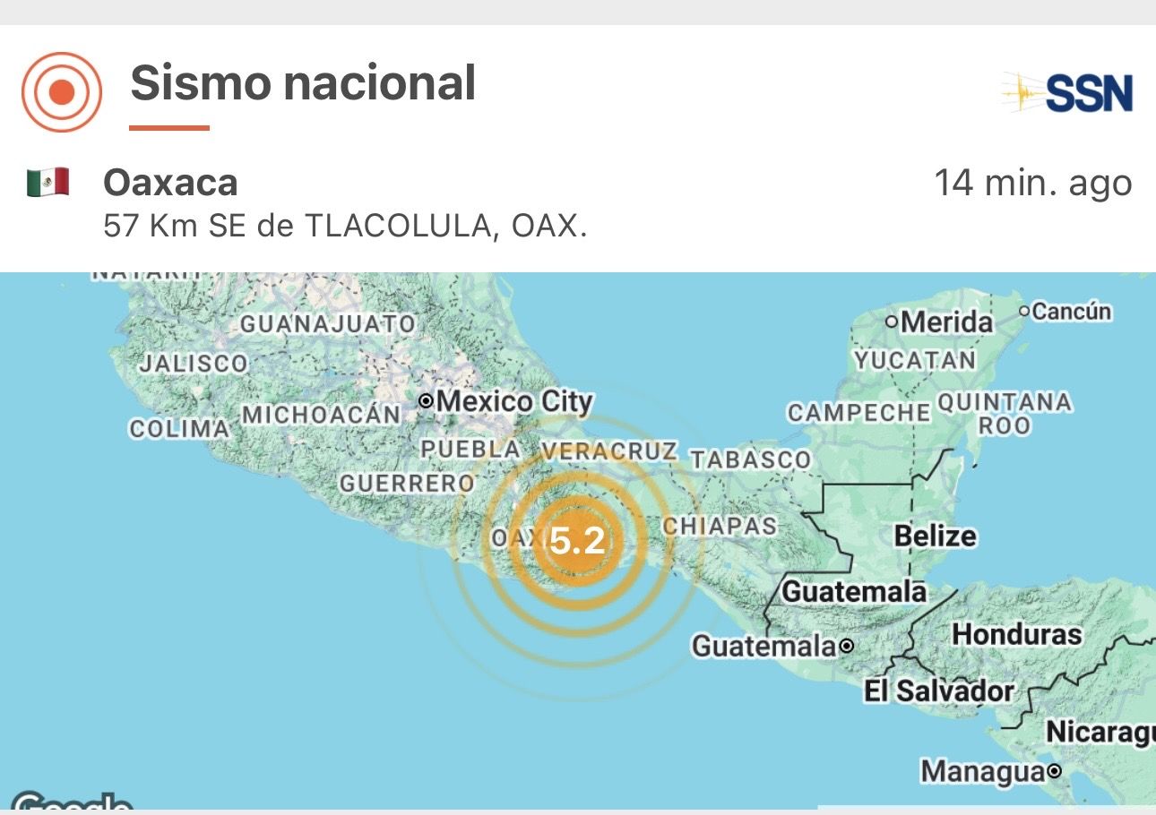 Sismo de magnitud 5.2 con epicentro en Tlacolula de Matamoros sacude fuertemente al estado de #Oaxaca hoy