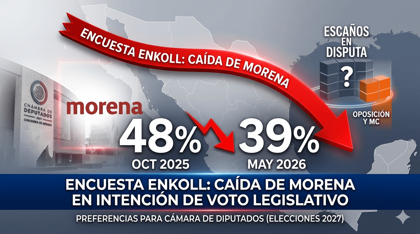 Morena registra caída de 9 puntos en preferencias rumbo a 2027, de acuerdo con encuesta Enkoll
