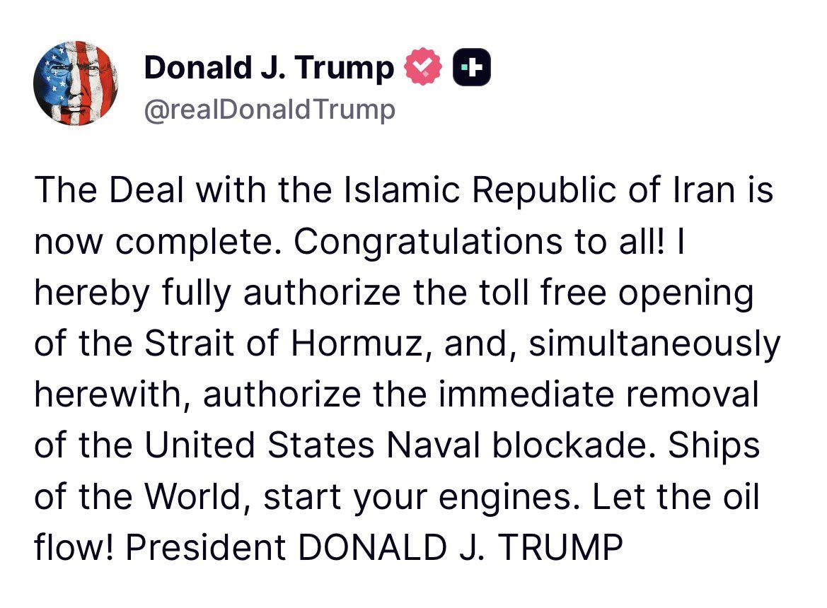 Trump anuncia acuerdo EE.UU.- Irán y reapertura del Estrecho de Ormuz y ordena levantar el bloqueo estadounidense Trump anuncia acuerdo EE.UU.- Irán y reapertura del Estrecho de Ormuz y ordena levantar el bloqueo estadounidense