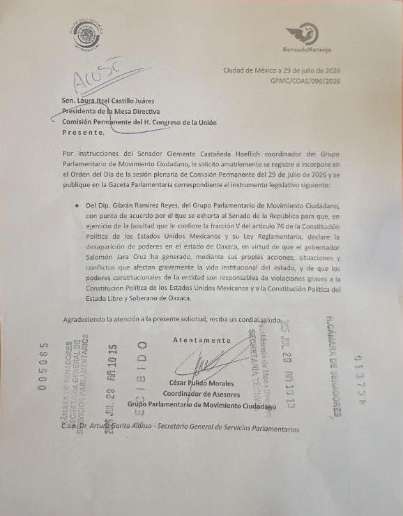 Movimiento Ciudadano solicita al Senado de la República declarar la desaparición de poderes en el estado de Oaxaca Movimiento Ciudadano solicita al Senado de la República declarar la desaparición de poderes en el estado de Oaxaca